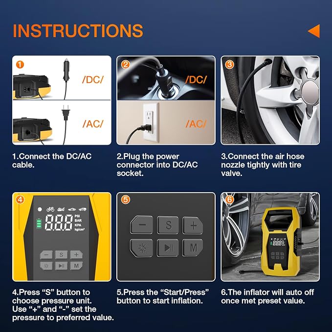 Nilight AC/DC Tire Inflator Portable Air Compressor Dual Power Supply 110V AC 12V DC 150PSI Fast Inflation Heavy Duty with LED Light Pressure Gauge Auto Shutoff Pump for Car Motorcycle Bicycle Ball
