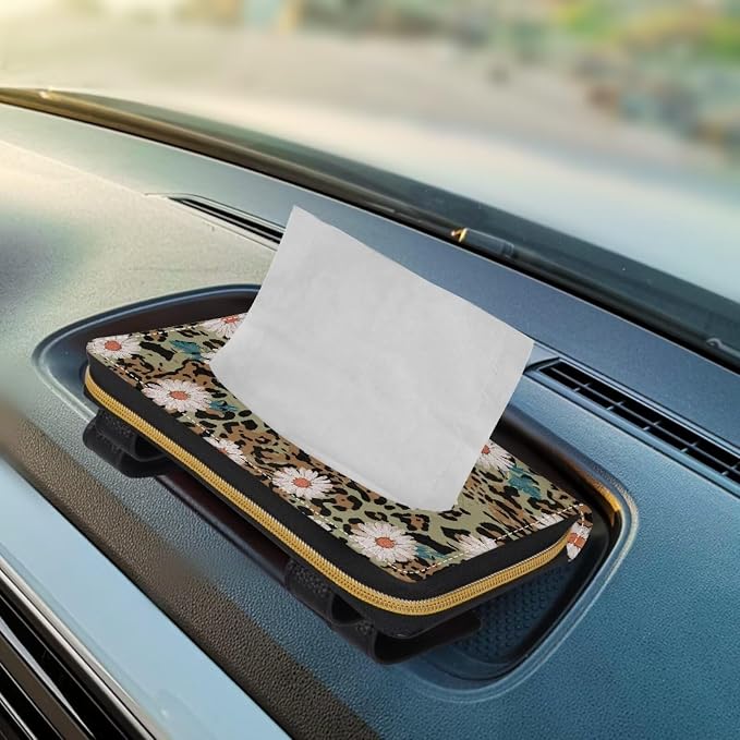 Leopard Daisy Tissue Box Sun Visor Tissue Holder Car Visor Napkin Holder with Back Clip Easy to Install Car Decoration