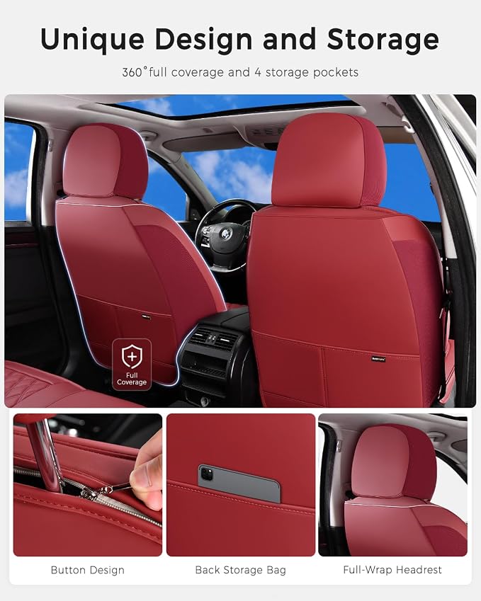 Huidasource Red Seat Covers, Car Seat Covers Nappa Leather Universal Fit for Most Cars, Vans, Trucks, SUVs, Compatible with Airbags, Child Seat, Automotive Seat Covers Velcro Adjustable (Full Set/Red)