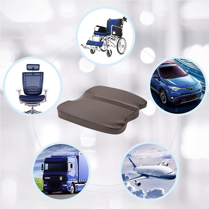 Car Seat Cushion - Comfort Memory Foam Seat Cushion for Car Seat Driver, Tailbone (Coccyx) Pain Relief Pad, Car Seat Cushions for Driving, Office Chair Cushion (Brown)