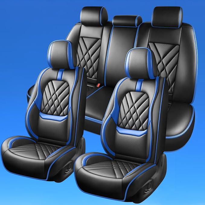 Fit Leaf Car Seat Covers Compatible with Nissan Leaf 2011-2024 2025 2026-Premium Leather,Waterproof,Breathable,Airbag Compatible &All-Weather Seat Cushion Protecto(Full Set,Blue)
