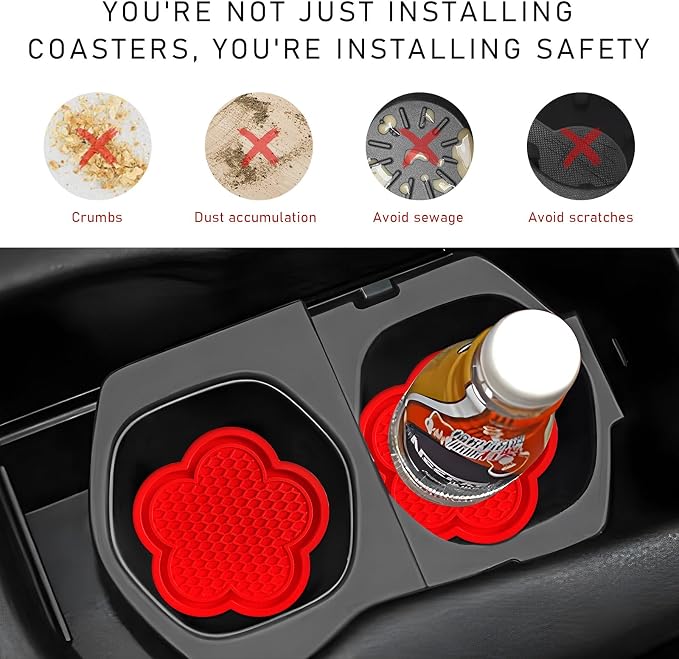 DXNQ 4 PCS Car Cup Coasters, Cute Flower Shaped Car Cup Holder Mat, PVC Waterproof Anti Slip Vehicle Cup Holder Insert Coaster, Universal Car Interior Decor Accessories (Red)