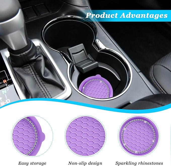 Ziciner 2 PCS Car Cup Coaster Holders, 3.15 Inch Silicone Anti-Slip Auto Insert Coaster, Crystal Rhinestone Car Drink Cup Mat, Universal Durable Auto Interior Accessories (Purple, 2Pack)