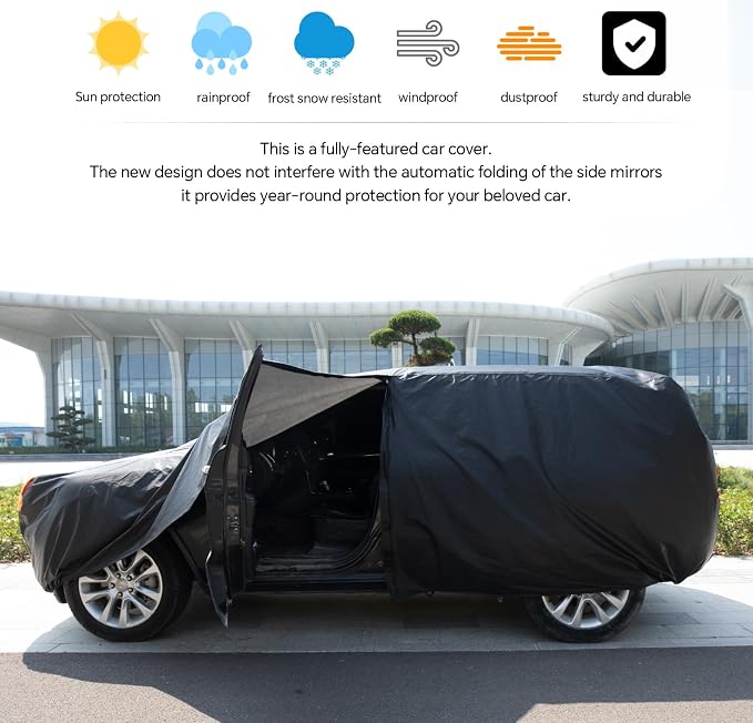 Car Cover Waterproof All Weather,Car Covers for Automobiles with Driver Door Zipper,Outdoor Car Cover Rain,Snow and UV Protection with Waterproof Adhesive Strip, Fit SUV-Length 195" to 200"