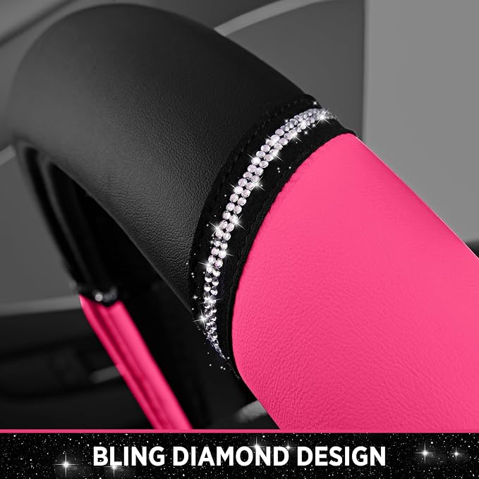 Road Comforts Leather Steering Wheel Cover - Made with PVC Leather - Anti-Slip, Universal Fit 14 1/2 inches to 15 inches - Hot Pink
