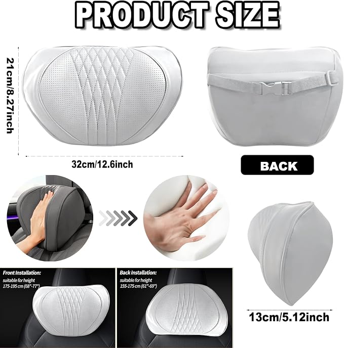 Car Neck Pillow 2-Pack - Premium Memory Foam Headrest with Soft Nappa Leather Feel, Ergonomic Support for Long Drives, Fits Most Vehicles (2, Grey)