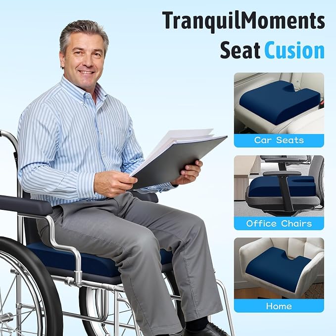 TranquilMoments Seat Cushion, Gel Wheelchair Seat Cushion,Ergonomic Chair Cushions for Office Chairs & Car, Relieve Sciatica, Back and Tailbone Pain, Removable Cover & Non - Slip Bottom, Blue