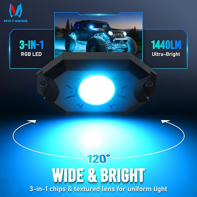 MICTUNING 2nd-Gen CM RGB Rock Lights - 8 Pods Waterproof Multicolor Neon Underglow Kit with Bluetooth App Control & Music Mode for Trucks Pickup UTV SUV ATV(2 Year Warranty)