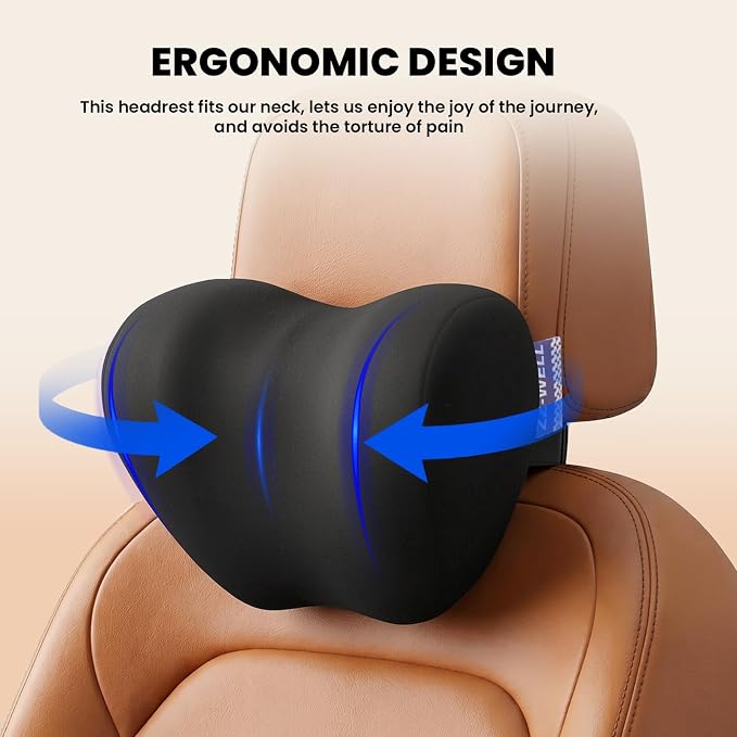 ZZ-WELL Car Headrest Pillow, Car Neck Pillow for Neck Pain Relief with Adjustable Strap, Memory Foam & Breathable Removable Cover, Travel Car Neck Pillow for Pain Relief While Driving (Black, 1Pack)