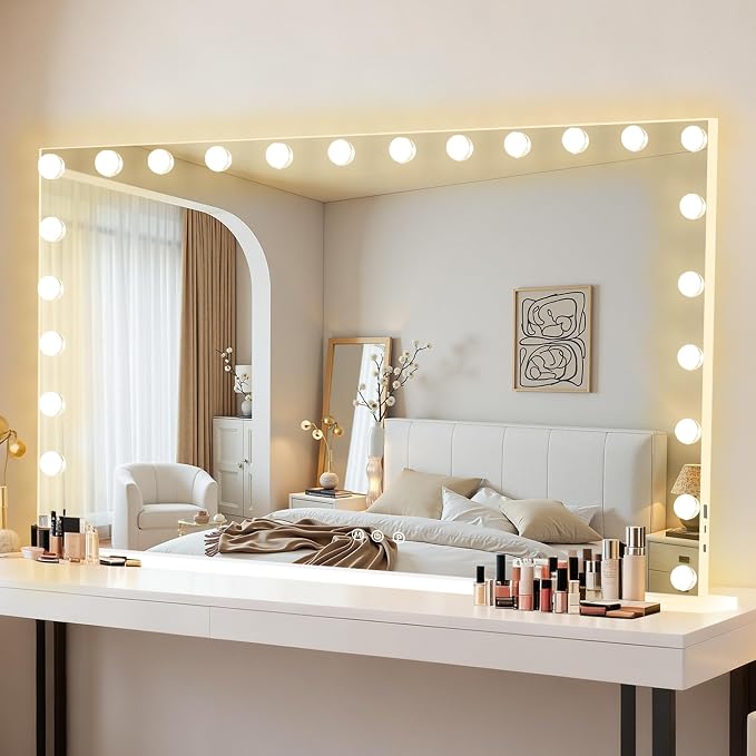 Moonee Vanity Mirror with Lights, Hollywood Lighted Makeup Mirror with 24 Dimmable Bulbs and 10X Magnification, 3 Colors Modes, Aluminum Metal Frame, Light Up Mirror for Tabletop/Wall(48" x 30")