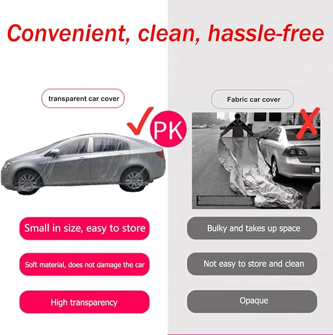 Car Essential Universal Disposable Clear Plastic Car Cover Suitable for SUV Sedan (Membrane Size:11.8ft x 21ft) with Elastic Band for Outdoor Snow Rain Weather,Individually Packaged, Super Convenient
