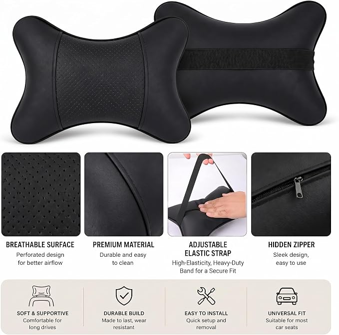 Car Pillow for Car Neck Pillow for Driving Seat Leather Neck Support Soft Cushion Support Head-Rests for Vehicle Sleeping with Elastic Adjustment Strap 2PCS (Neck, Cognac)