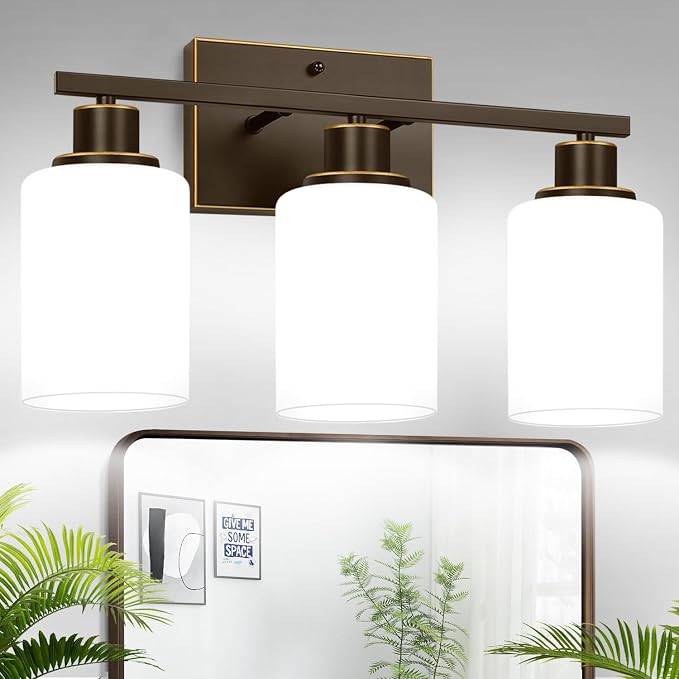 3-Light Bathroom Light Fixtures, Vanity Light with Milky White Shades, Oil-Rubbed Bronze Bathroom Light Fixtures Over Mirror, Modern Bathroom Wall Lamp for Mirror Living Room Cabinet Bedroom