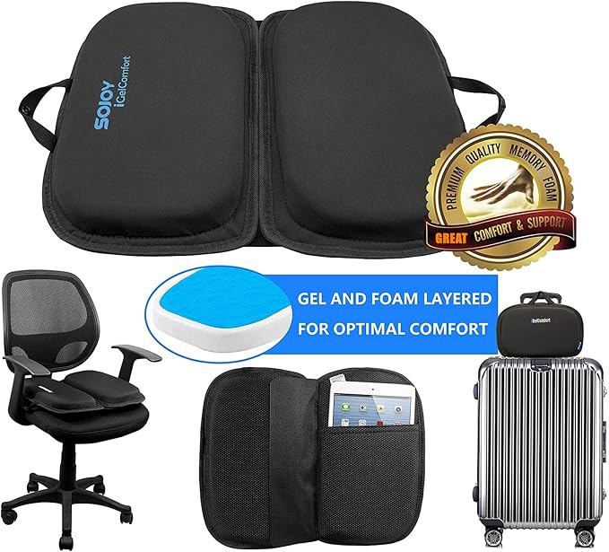 Sojoy iGelComfort 3 in 1 Foldable Gel Seat Cushion Featured with Memory Foam (A Must-Have Travel Cushion! Smart, Easy Travel Cushion) (Size: 18.5“ x 15" x 2")