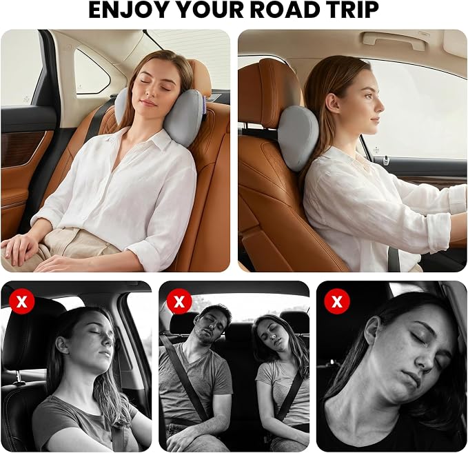 ZZ-WELL Car Headrest Pillow, Car Neck Pillow for Neck Pain Relief with Adjustable Strap, Memory Foam & Breathable Removable Cover, Travel Car Neck Pillow for Pain Relief While Driving (Grey, 2Pack)
