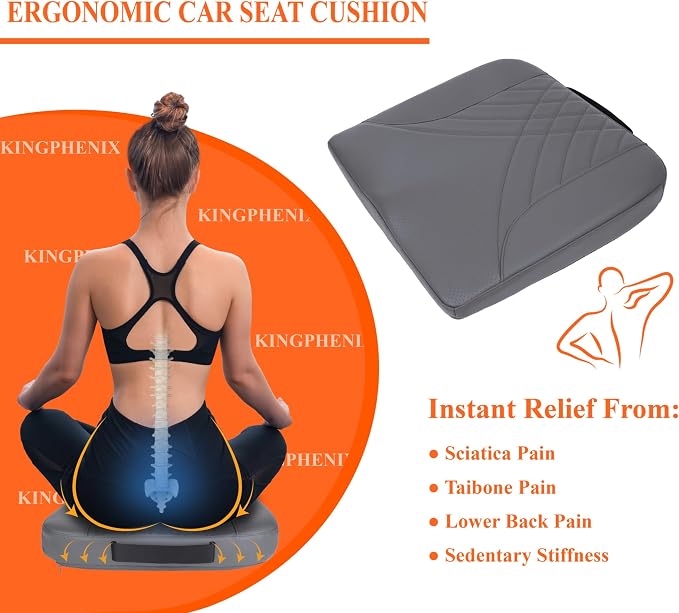 kingphenix Premium Car Seat Cushion, Memory Foam Driver Seat Cushion to Improve Driving View- Coccyx & Lower Back Pain Relief - Seat Cushion for Car, Truck, Office Chair (Leather Dark Gray)