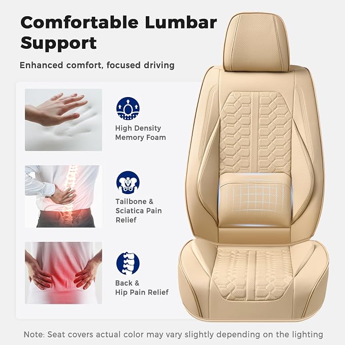 Huidasource Car Seat Covers, Beige Seat Covers Nappa Leather, Waterproof Automotive Seat Covers, Universal Seat Covers Full Set with Lumbar Support Fit for Most Cars SUV Trucks