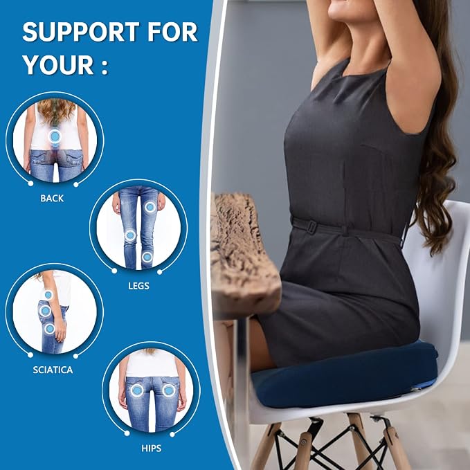YOUFI Thick Memory Foam & Gel Seat Cushion, 18"X16"X4" Large Chair Cushion for Wheelchair Mobility Scooters, with Non-Slip Bottom and Carry Handle (Blue)