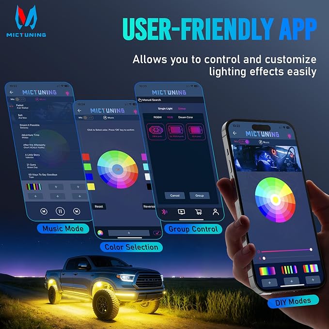MICTUNING 2nd-Gen CM RGB Rock Lights - 8 Pods Waterproof Multicolor Neon Underglow Kit with Bluetooth App Control & Music Mode for Trucks Pickup UTV SUV ATV(2 Year Warranty)