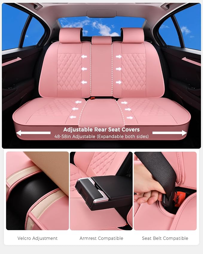 Huidasource Pink Rear Seat Covers, Nappa Leather Back Seat Covers Velcro Adjustable, Compatible with Seat Belts, Child Safety Seats, Fit for Most Cars SUVs Trucks (Back Row/Pink)