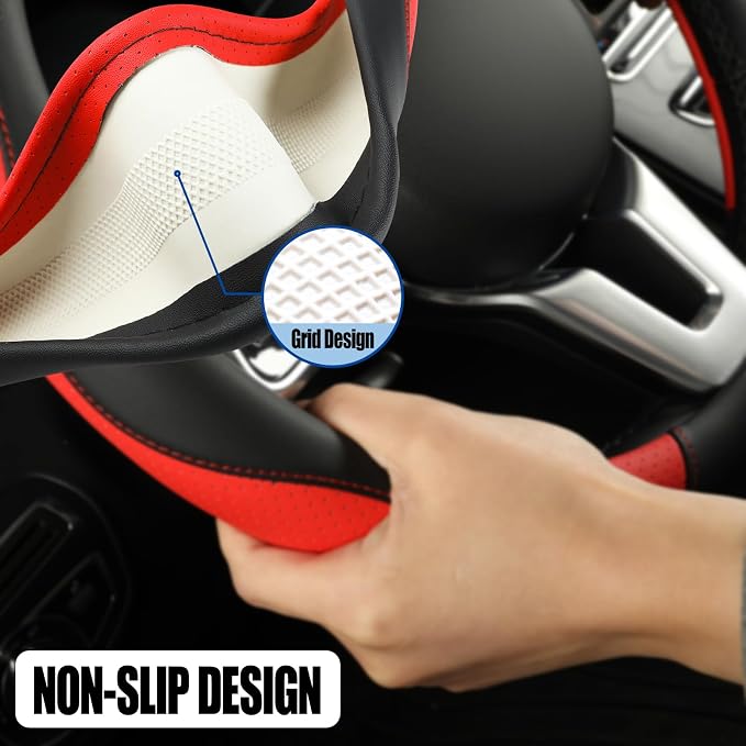 Black Red Microfiber Leather Steering Wheel Cover 15 inch | Breathable Anti Slip Grip Cool Sporty Look Glow for Women Men