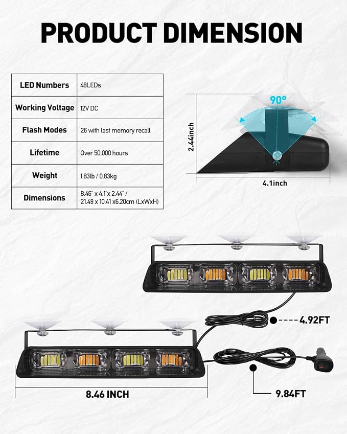 HLauto 2002L Emergency Dash Strobe Lights: Purple White Safety Lights, Flashing Warning Hazard Windshield Visor Traffic Light Bars for Trucks, Construction Vehicles (2x8.5 inch, 48LED)
