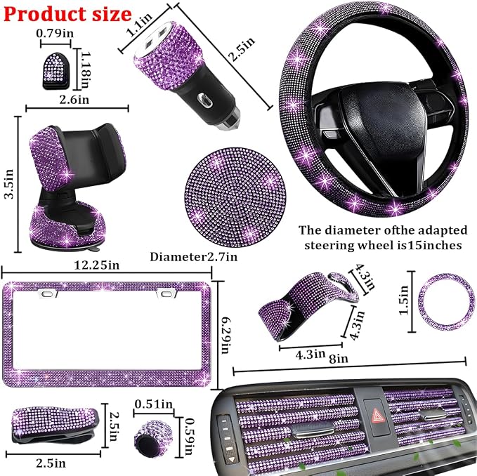 27PCS Bling Car Accessories Set for Women, 14.5-15" Crystal Rhinstone Steering Wheel Cover, License Plate Frame, USB Charger Phone Holder, Girly Auto Interior Decor Set, Universal Fit (Purple)