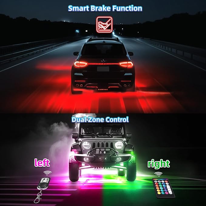 Segmented RGB LED Rock Lights Kit with APP/RF Remote Control, Multicolor 10Pods Underglow Neon Light Waterproof 12V Underbody Brake Light Fender Lights for Jeep Golf Cart Trucks Pickup ATV UTV RZR SXS