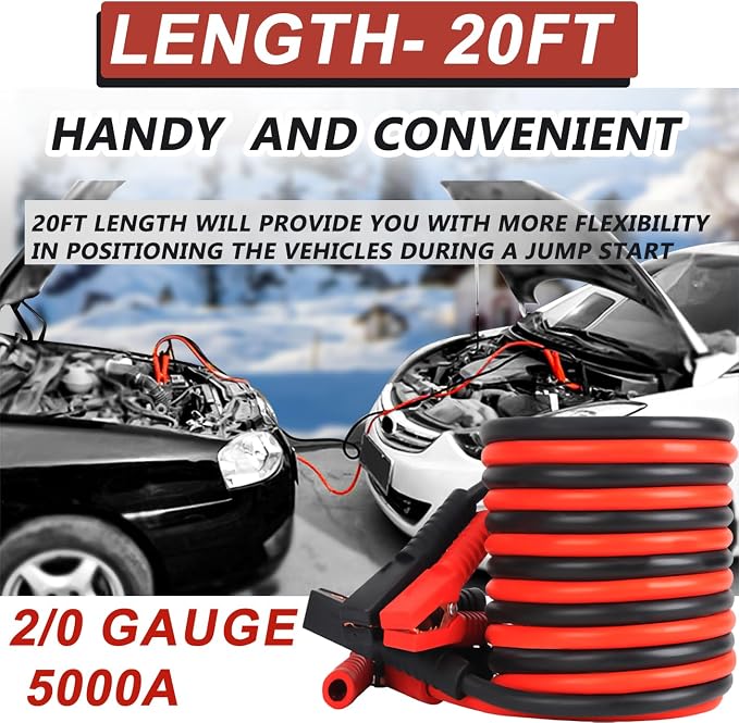 iMeshbean Heavy Duty Jumper Cable, 2/0 Gauge 20FT Automotive Booster Jumper Cables for 12V/24V Car, SUV &Truck Battery, with Strong Clamps & Thiekened Inner Core, Carry Bag and Gloves Included