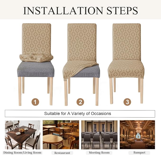 Genina Waterproof Chair Covers for Dining Room Set of 4, Removable Washable Chair Slipcover Protectors, Khaki