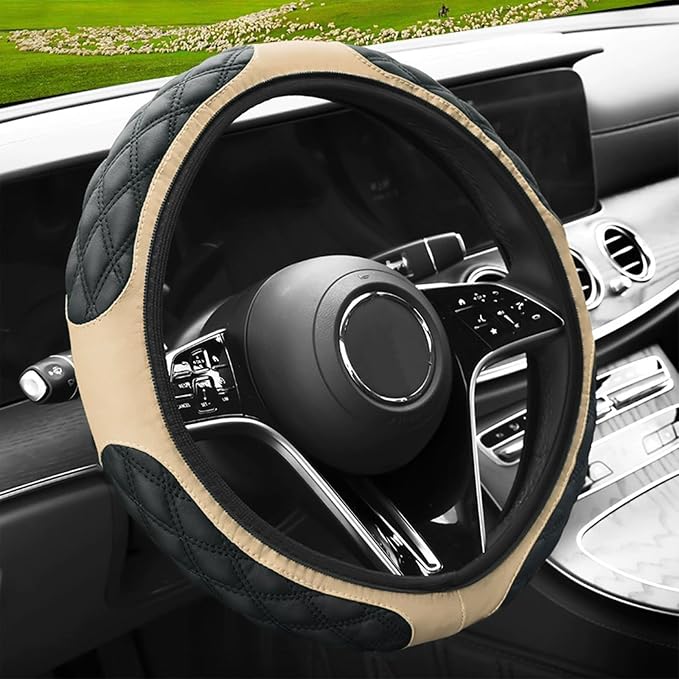 15 Inch Leather Steering Wheel Cover, Automotive Accessories Breathable Anti-Slip Elastic Soft Wheel Protector, Fit for Most SUVs Trucks and RVs (Beige)
