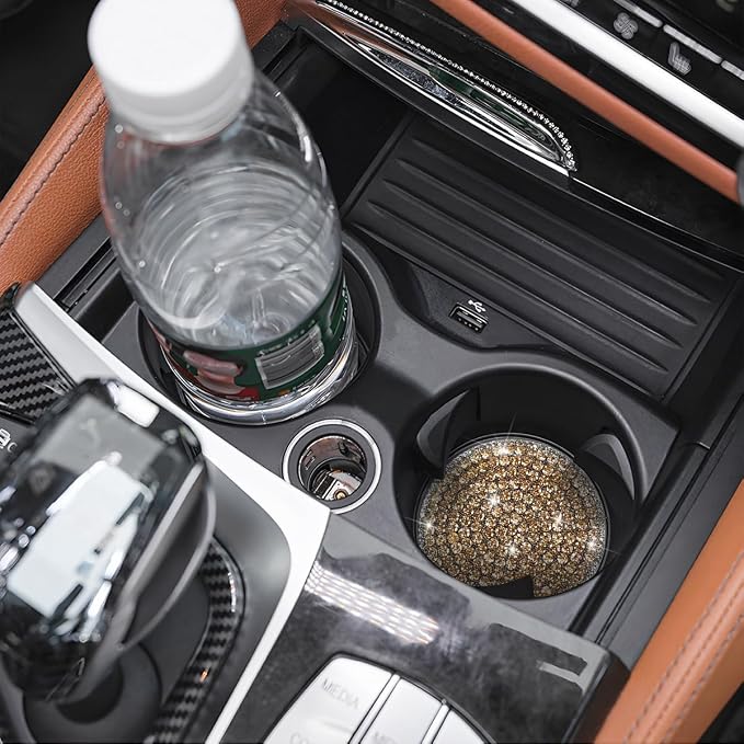 Bling Car Cup Holder Coaster, 2PCS 2.75 Inch Crystal Rhinestone Anti Slip Vehicle Drink Cup Mat for Women Girls, Auto Interior Embedded in Ornaments. Universal for SUV RV Truck (Gold)