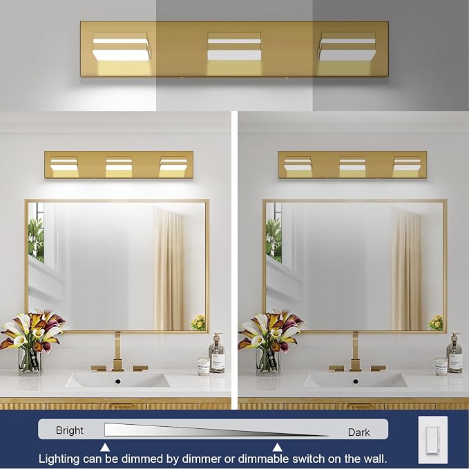 SineRise LED Modern Bathroom Vanity Light Fixtures (3-Light, 24-Inch, Dimmable), Brass Modern Acrylic Bathroom Wall Lighting Fixtures Over Mirror (Cool White 6000K)