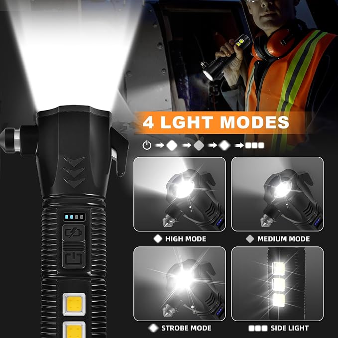 Emergency Car Flashlight - 2000 Lumen Dual Light 4-Level Battery Indicator Window Breaker & Seatbelt Cutter USB Rechargeable Ultra-Light 108g Car Emergency Too (2pcs-Black)
