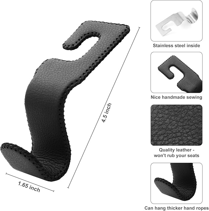 AMVOYOA U-Shaped Car Leather Hooks – Car Purse Holder, Headrest Hooks for Car, Back Seat Organizer - Elevate Your Travel Experience!(Black)