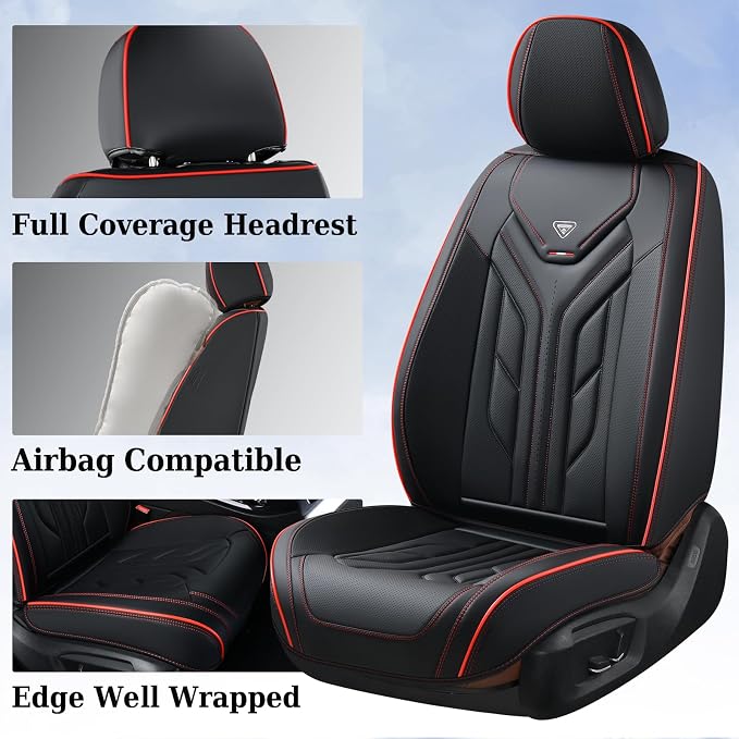 Coverado Seat Covers, Car Seat Covers Full Set, Leather Seat Covers for Cars, Automotive Seat Covers Car Seat Protector Car Accessories Fit for Most Sedans SUV Pick-up Truck(Black&Red)