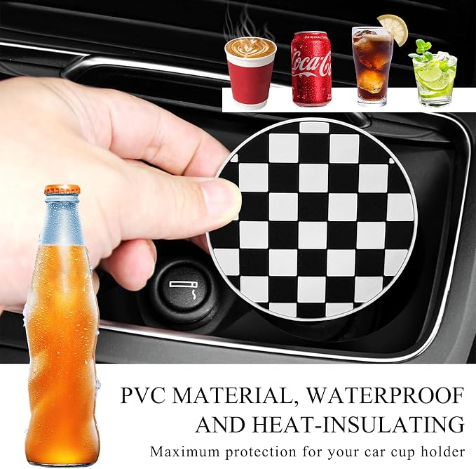 DXNQ 2 PCS Car Cup Coasters, 2.76 Inch Anti-Slip Checkered Vehicle Cup Holder Insert Coasters, Auto White & Black Drink Cup Mats for Front Console Cup Holders, Car Accessories (Checkerboard)