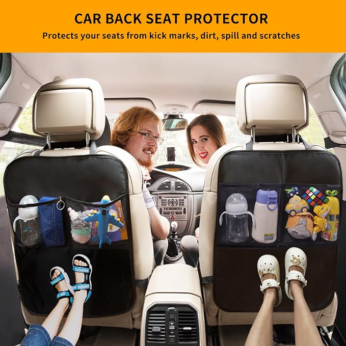 2 Pack Kick Mat Backseat Protector,Back Seat Cover for Kids,Car Seat Back Protectors with 2 Pocket Storage Organizer for Car, SUV, Minivan or Truck Seats (Black)