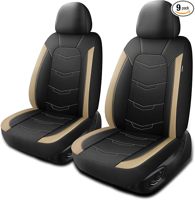 HChengkikz Front Car Seat Cover, Breathable and Sporty (Black + Beige) | Leather, Universal Fit for Most SUVs, Cars, Sedans, Trucks, Airbag Compatible, Easy to Install