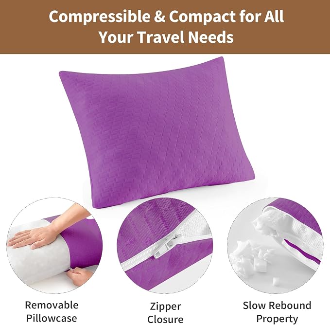 Small Shredded Memory Foam Pillow, Camping Pillow Travel Pillow - Compressible Medium Firm, Breathable Cover, Ideal Backpacking Hiking, Airplane and Car (Purple, L)