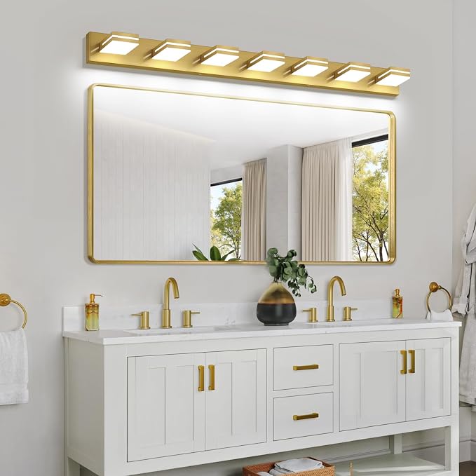 SineRise LED Modern Bathroom Vanity Light Fixtures (7-Light, 55-Inch, Dimmable), Brass Modern Acrylic Bathroom Wall Lighting Fixtures Over Mirror (Cool White 6000K)