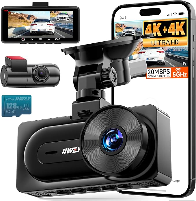 IIWEY 4K+4K Dash Cam Front and Rear, Dual STARVIS Sensor, 5G WiFi-6 (up to 20MB/s) with App, 128G SD Card Included, GPS, Dash Camera for Cars with 24/7 Parking Mode, 3.18 Inch IPS, 170° Wide Angle