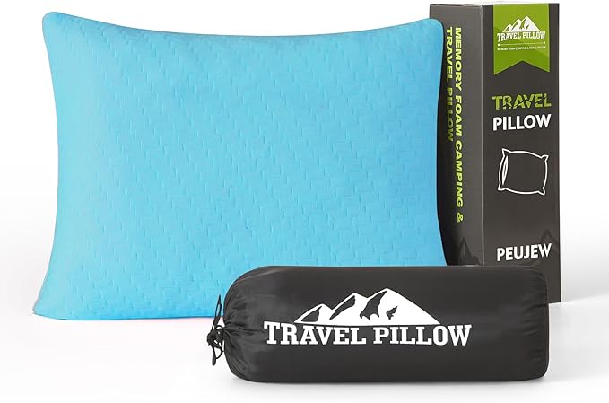 Small Shredded Memory Foam Pillow, Camping Pillow Travel Pillow - Compressible Medium Firm, Breathable Cover, Ideal Backpacking Hiking, Airplane and Car (Sky Blue, M)