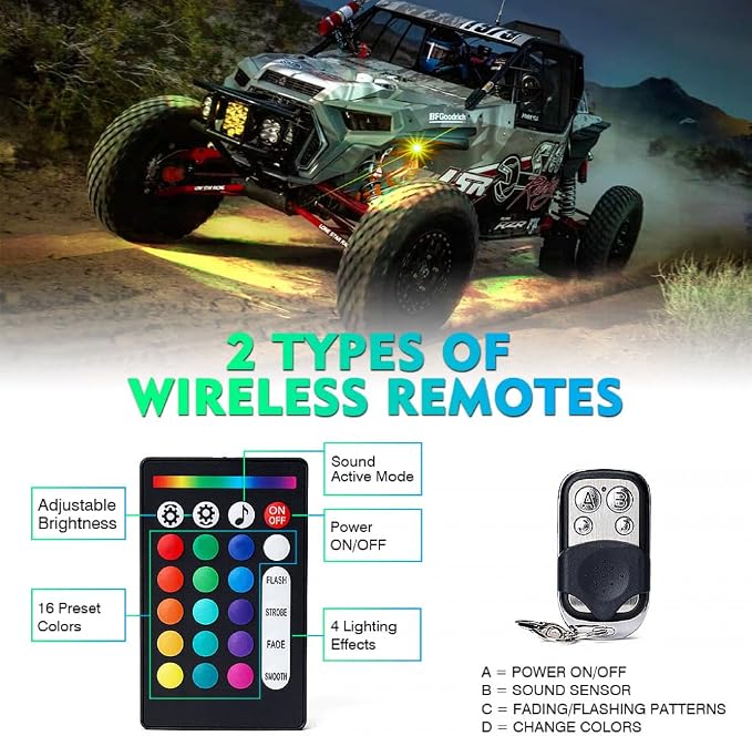 Xprite Bluetooth LED Rock Lights Kit, Multicolor Neon Accent Music Visibility Lighting Underglow Kits with RF Controller for Off-Road, Trucks, Cars, UTV, ATV, SUV, RZR, Motorcycles, Boats - 6 PCS