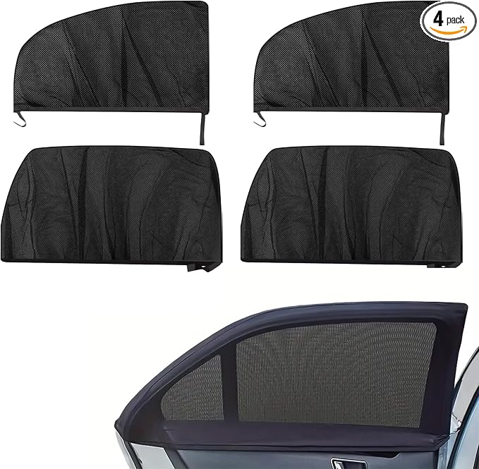 Car Window Sun Shade Cover 4PCS, Breathable Mesh Side Window Sunshade with UV Protection, Privacy Screen, Mosquito Net Curtain, Reduce Sun Glare & Heat, Cover Full Window for Most SUVs Sedans