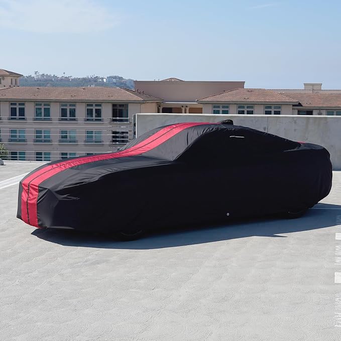 iCarCover Premium Heavy Duty Car Cover - Waterproof All Weather Rain Snow UV Protection, El Camino, Impala, Bel Air, Monte Carlo, Galaxie, Charger, Size C21 (See Size Chart), Stripe - Black/Red