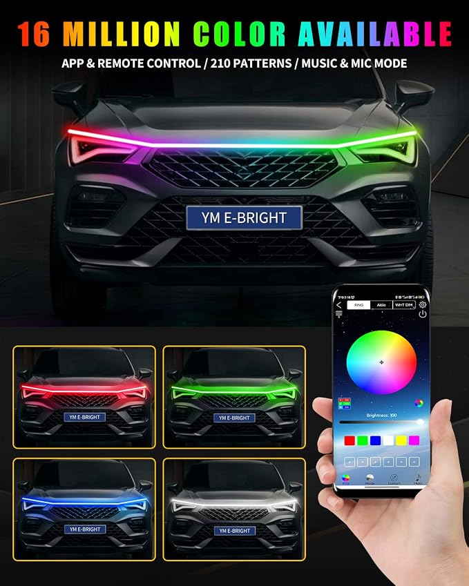 RGB Hood Light Strip with Sequential Turn Signal Indicator Function Waterproof Multicolor Dynamic Scan Start Up Hoodbeam Kit for Cars, Truck, SUV, with APP Control, 12V 79inch/2M (1Set)