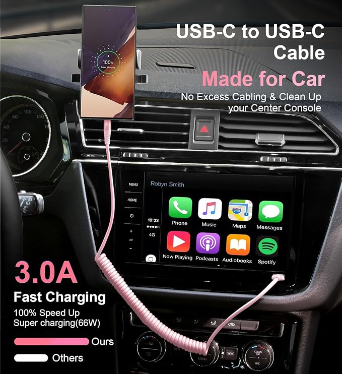 USB C to C Cable 6FT, 2Pack Coiled USB C Fast Charging Cable for CarPlay | iPhone USB-C Cable/Android Auto USB C Cord, USB Type C Cable for iPhone 17/16/15/Pro Max/Samsung Galaxy S23 and More-Pink