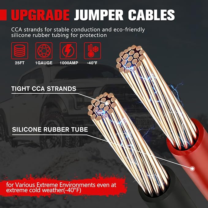 FIERYRED 1 Gauge 25 FT Quick Connect Jumper Cables, 1000A Heavy Duty Booster Cables with Travel Bag,Battery Jumper Cable for Truck, Diesel Trucks, SUV and Car