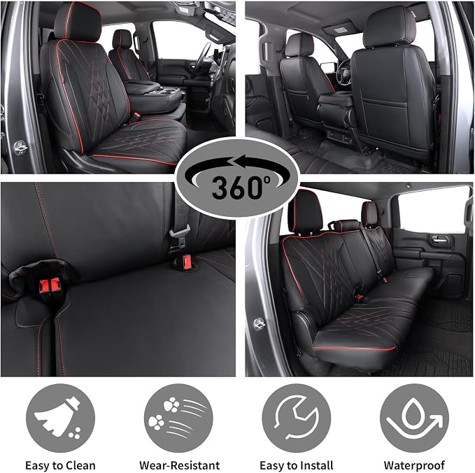EKR Silverado Seat Covers Custom Fit for (Double Cab) 2014-2018 Chevrolet Silverado 1500 & HD 2500/3500 LT/LTZ/Custom,Leather Car Seat Cover Full Set,Faux Leather(Black with Red Trim)